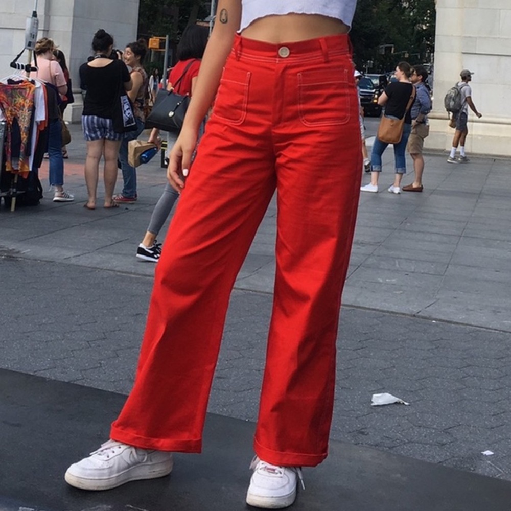 RED WIDE LEG PANTS WITH WHITE STITCHING